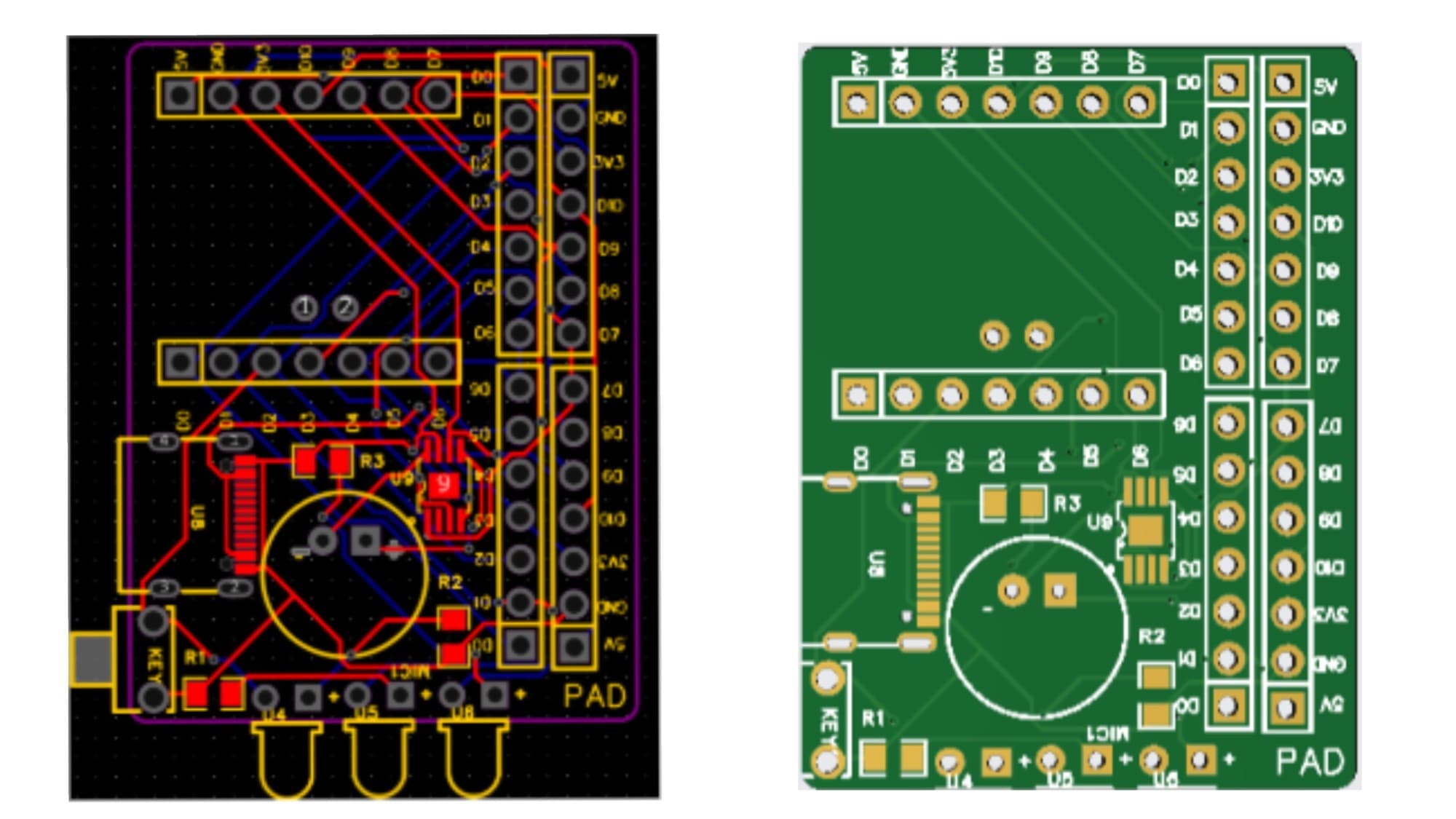 Side-by-side Personal Alert Device PCB views: routing layout and finished green-mask board render
