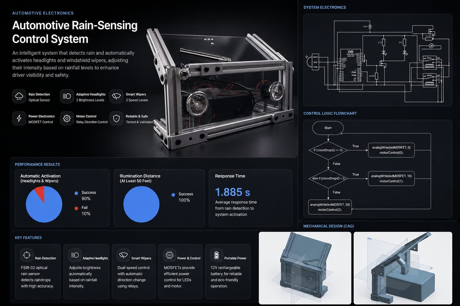 Automotive Rain-Sensing Control System dashboard with prototype, schematic, control logic, results, and mechanical CAD