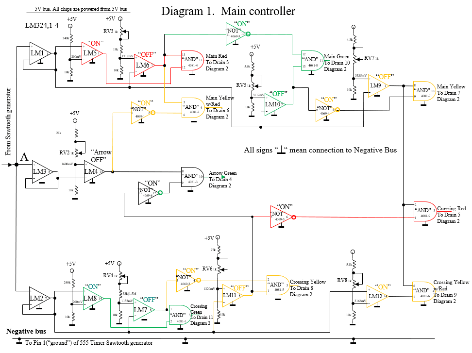 Main controller schematic with 555 timer, op-amp comparators, and CMOS logic gates
