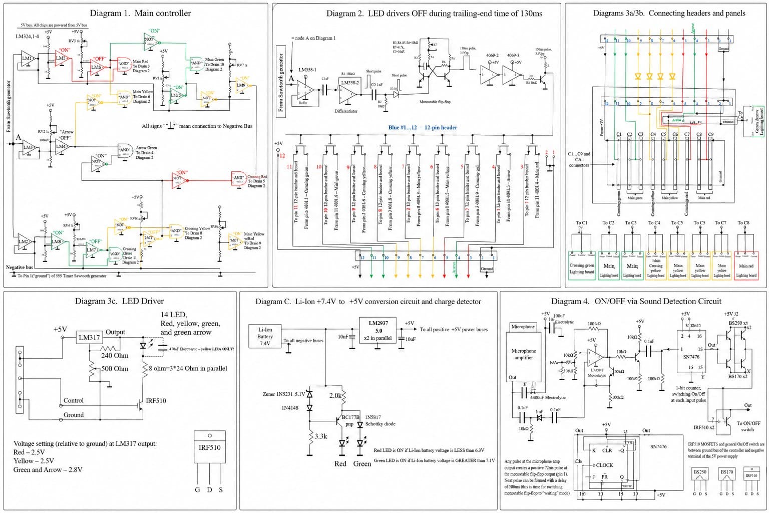 Merged overview of all six discrete-logic traffic controller schematics