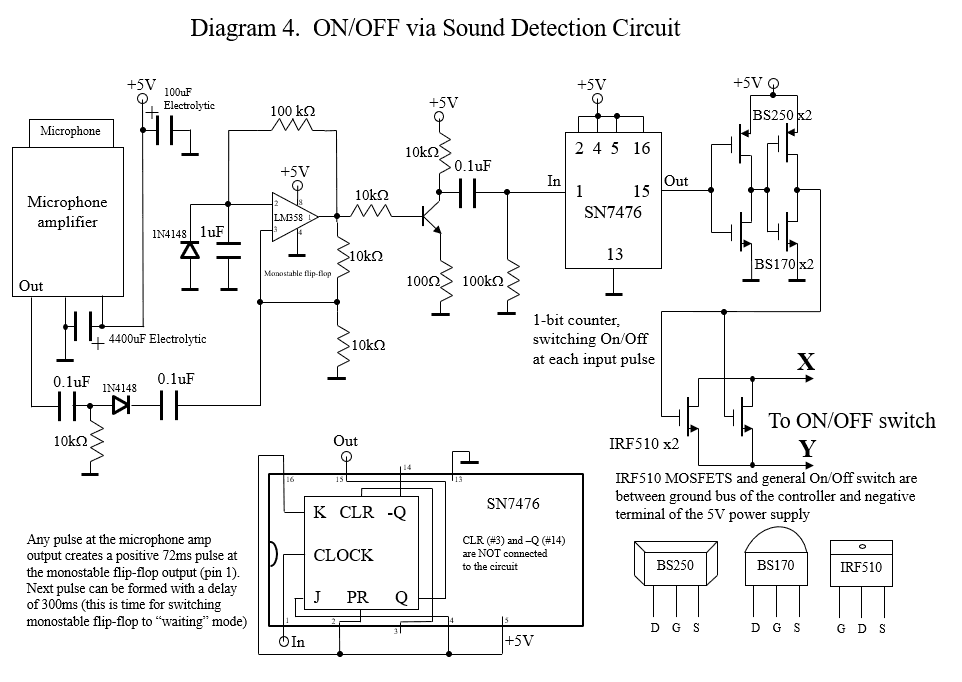 Sound-activated on/off latch with microphone, monostable flip-flop, and SN7476