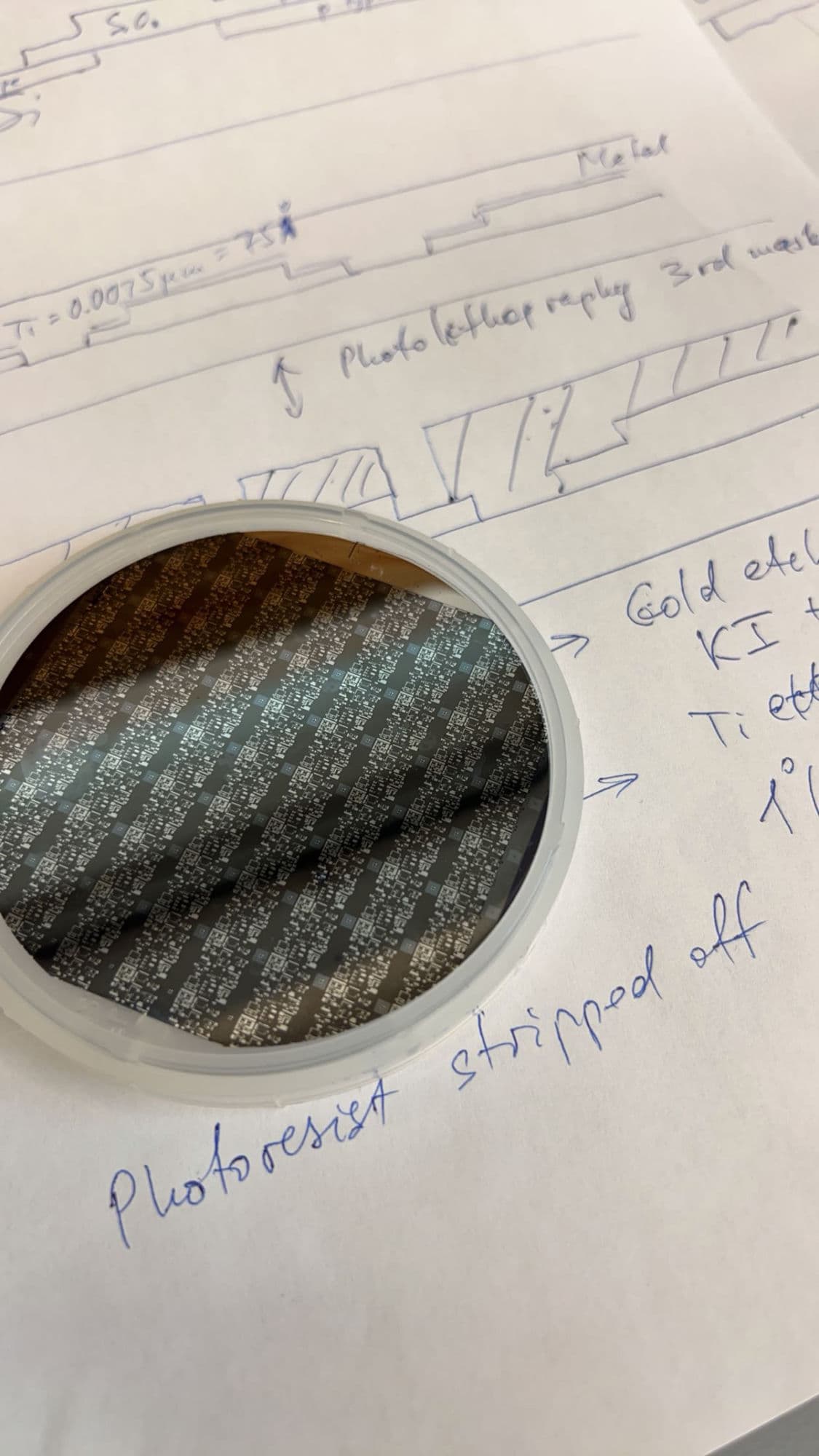 Finished silicon wafer in its cleanroom dish after photoresist strip