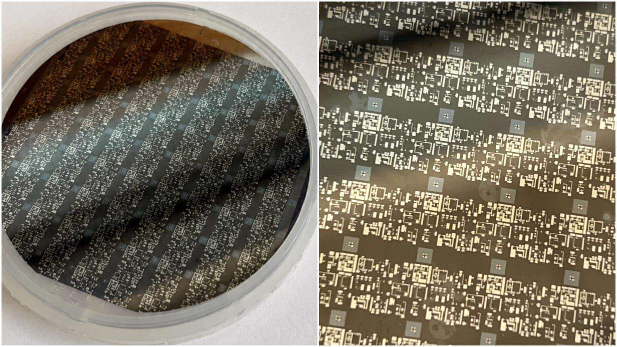 Side-by-side wafer composition: silicon wafer in dish alongside a macro die-array close-up